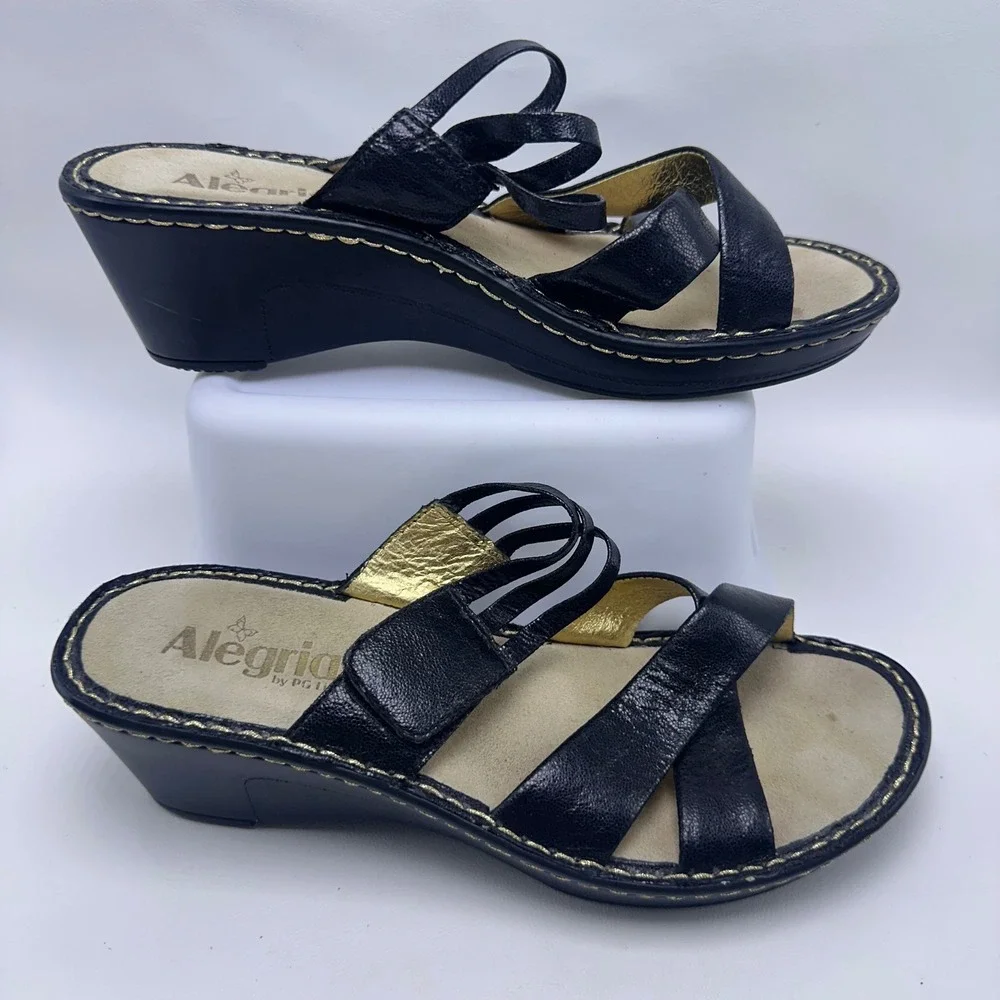 Alegria LEI-661 Black Leather Wedge Sandals Gold Lining Womens 39 US 9-9.5